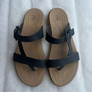 CROCS Tulum Toe Post Sandals black & tan, Ergonomic Comfort Sandals Sz 7 women